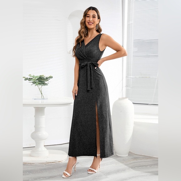 First Love Slit Printed Surplice Tie Waist Short Sleeve Dress